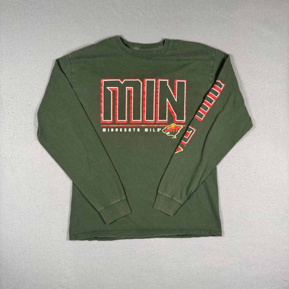 NHL Minnesota Wild Shirt Mens Large Green Long Sleeve Hockey Graphic Tee T-Shirt